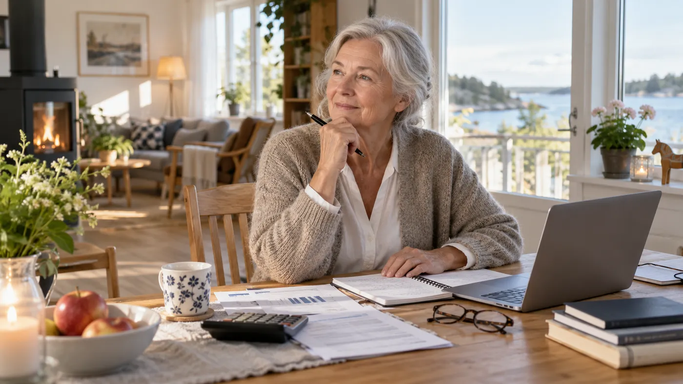 Äldre kvinna går igenom pensionsuppgifter hemma