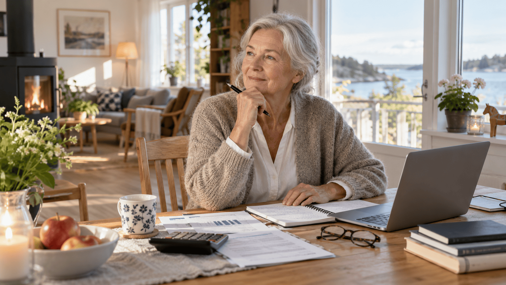 Senior planerar sin pension med dokument och dator hemma.