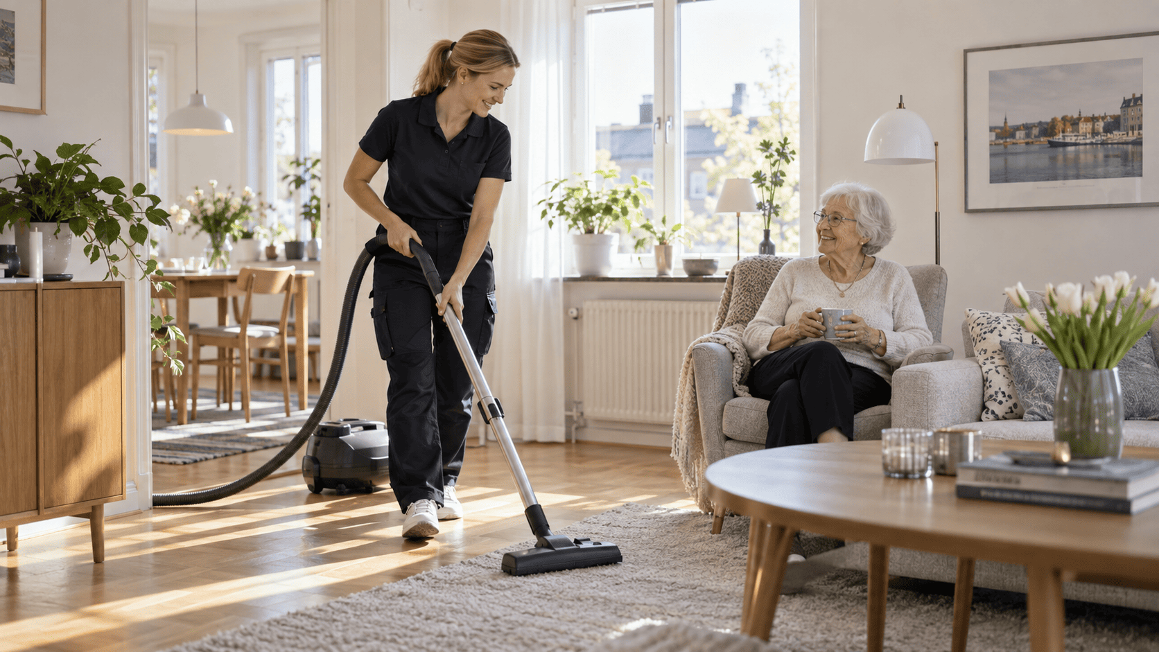 Städpersonal dammsuger i en seniorbostad medan en äldre kvinna sitter i vardagsrummet.