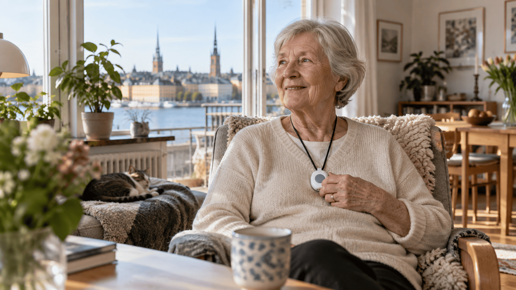 Äldre kvinna med trygghetslarm runt halsen i sitt hem.